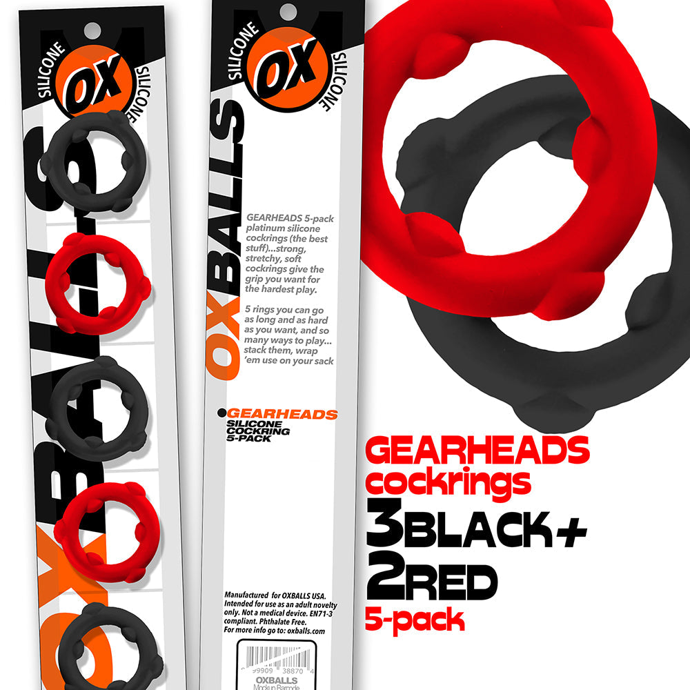 Oxballs Gearheads 5-Pack Cock Ring Set - Red/Black